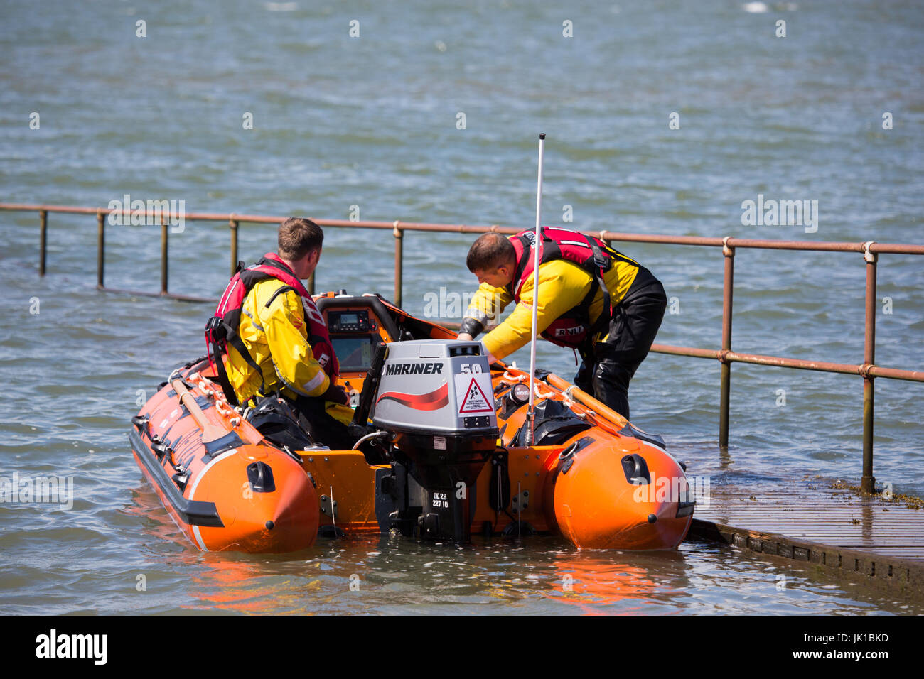 An RLNI inshore rescue boat preparing for launch during a training exercise Stock Photo