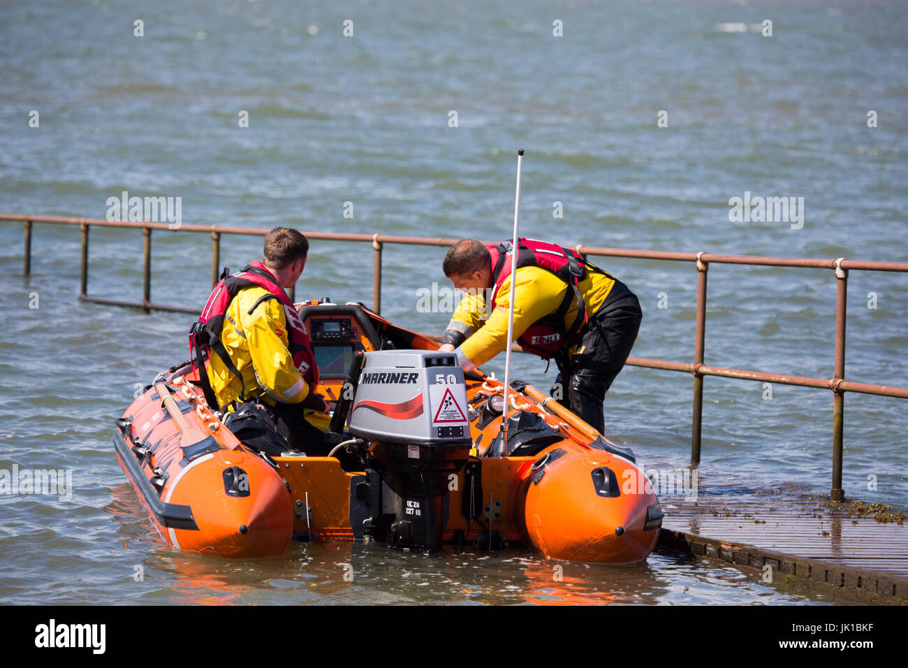 An RLNI inshore rescue boat preparing for launch during a training exercise Stock Photo