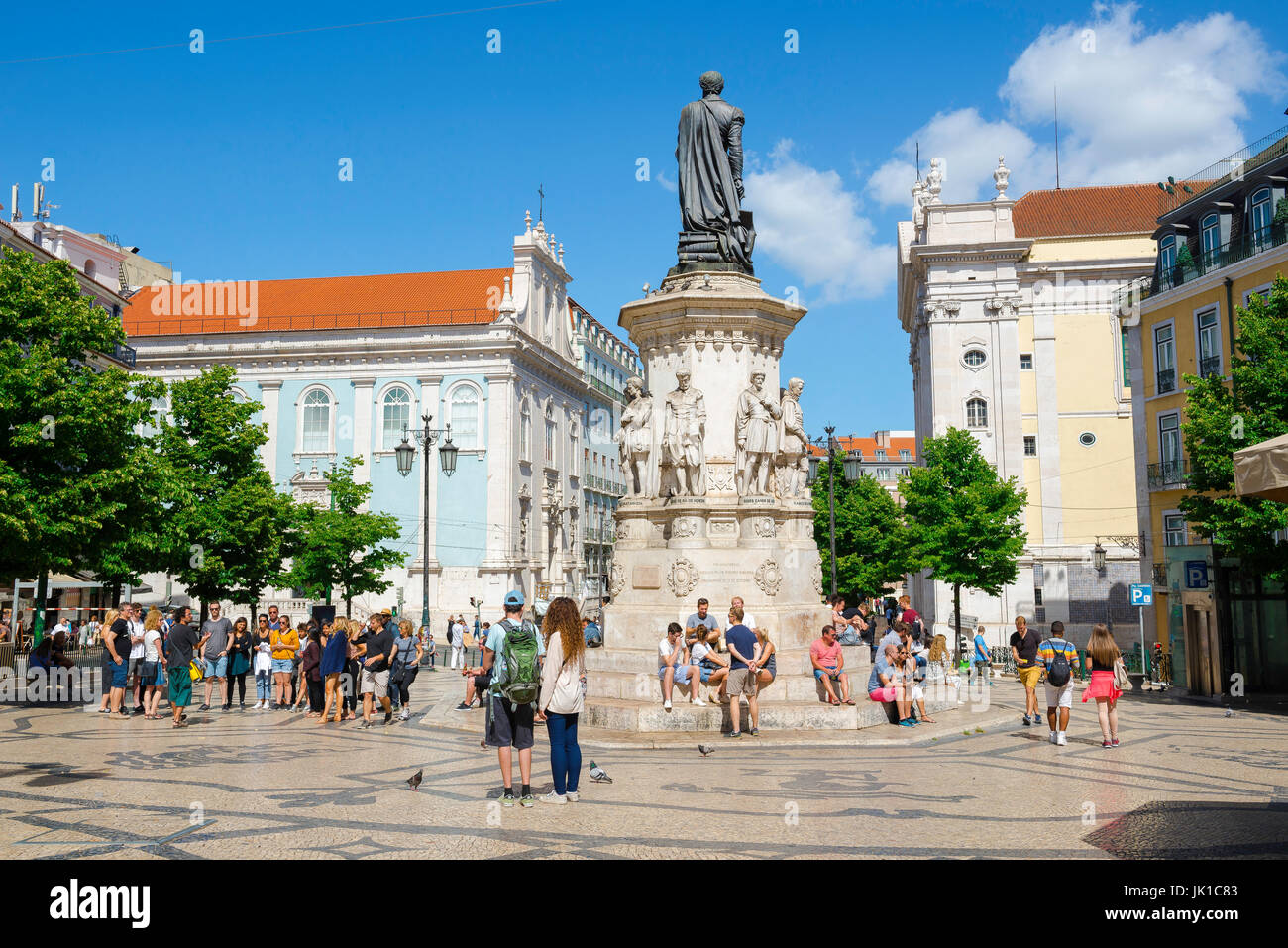 Lisbon square, view of the Praca Luis de Camoes square sited between the Chiado and Bairro Alto quarters in the centre of Lisbon, Portugal. Stock Photo