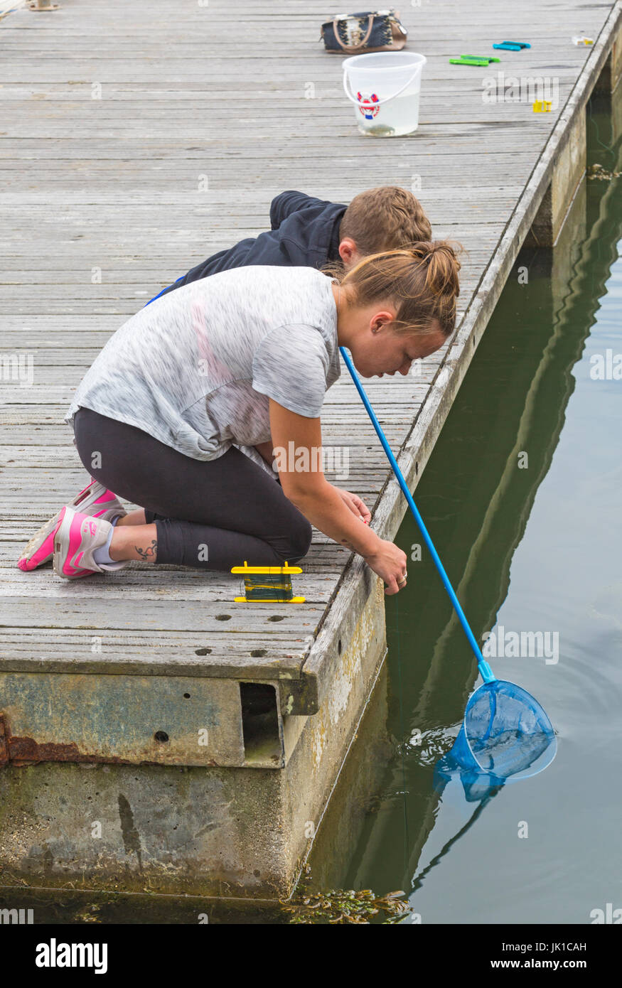 children crabbing at Lymington, Hampshire, UK in July Stock Photo