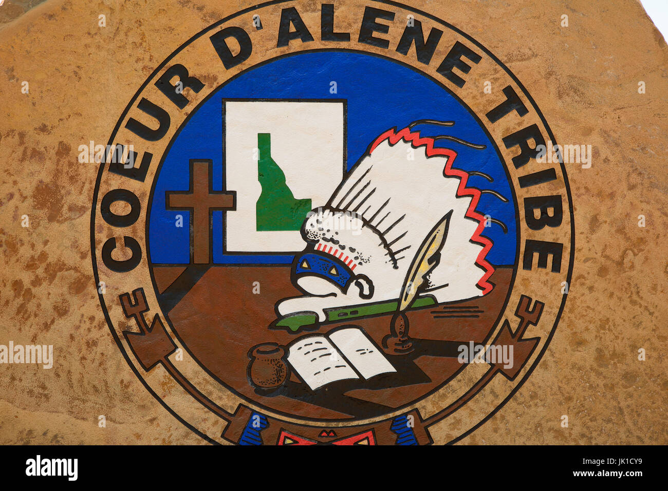 Tribal symbol at Warriors and Veterans Memorial, Veterans Park, Plummer, Coeur D'Alene Indian Reservation, Idaho Stock Photo