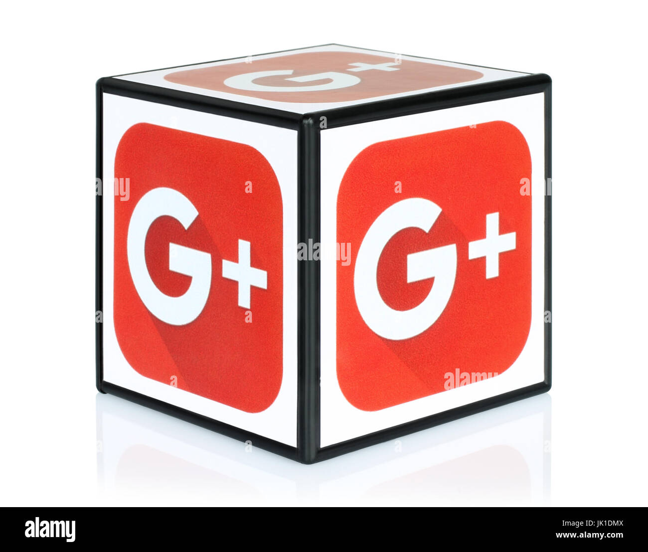 Kiev, Ukraine - September 30, 2015: Cube with Google Plus icons printed on paper. Google Plus is a well-known social networking and news service Stock Photo