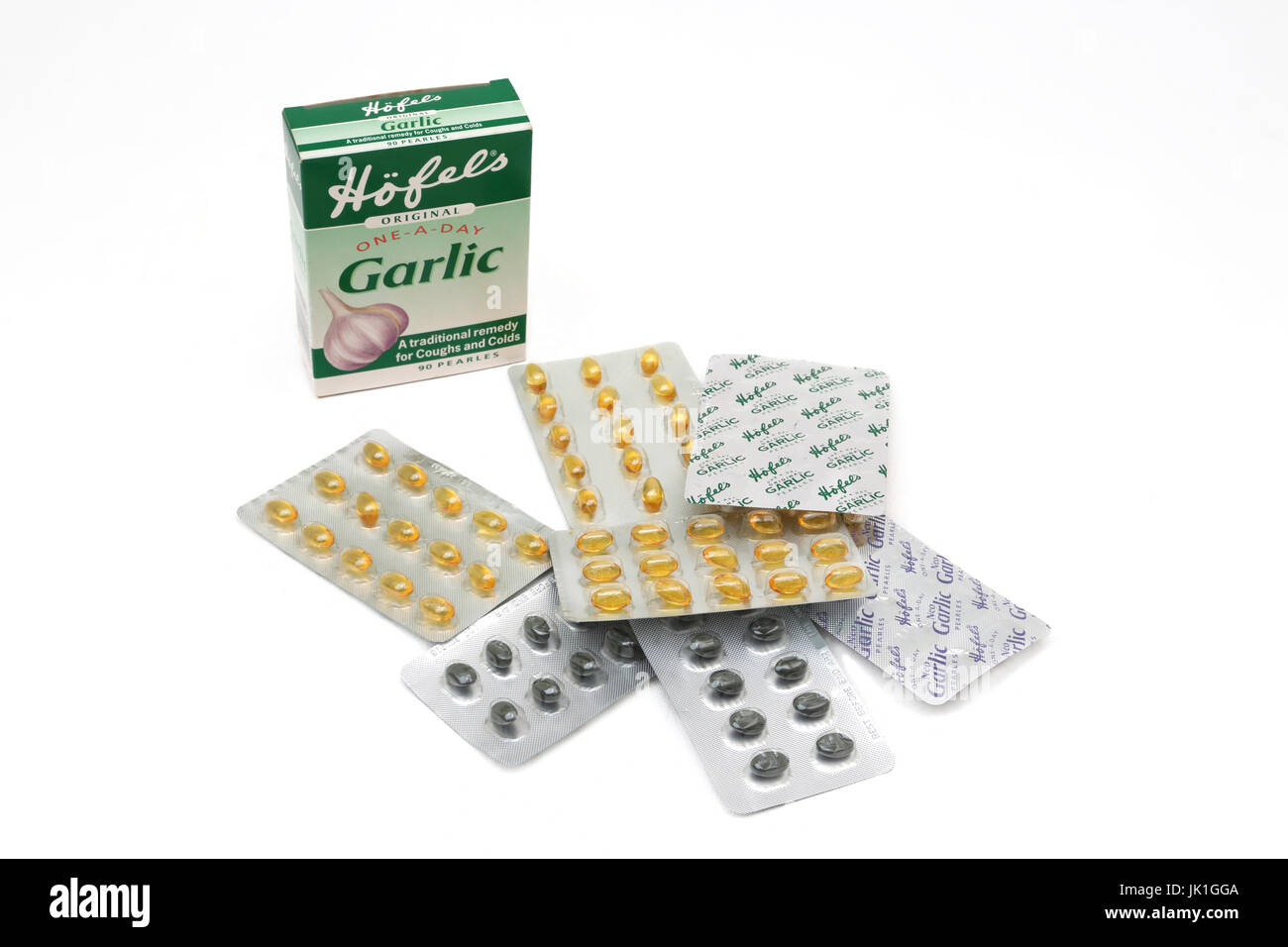 Collection of Garlic Tablets used As cough and cold remedy Stock Photo