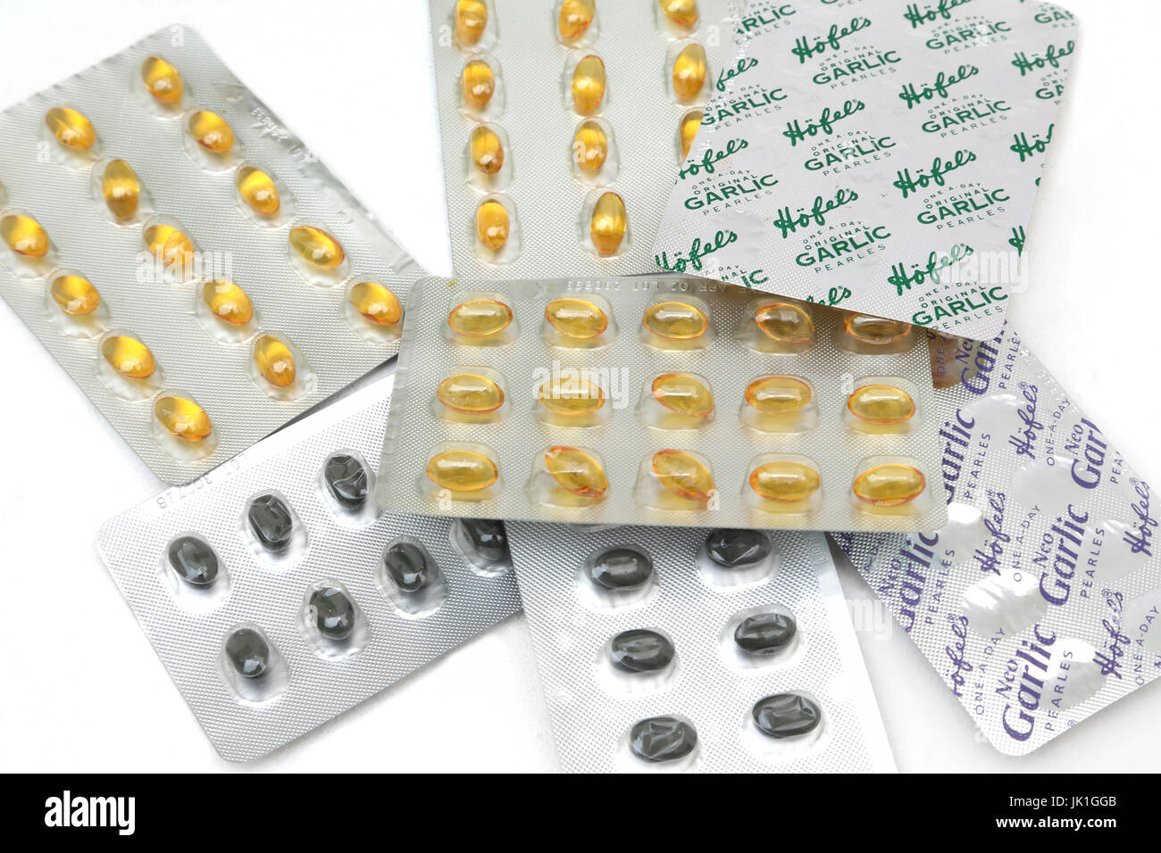 Collection of Garlic Tablets used As cough and cold remedy Stock Photo