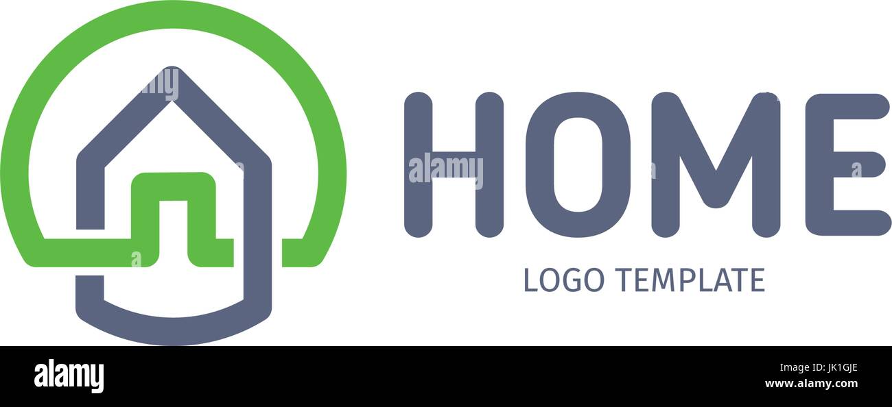 Home linear vector logo. Smart house line art green and gray blue logotype. Outline real estate icon. Stock Vector