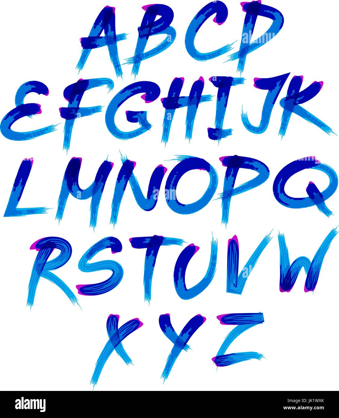 Handwritten blue watercolor alphabet with numbers and symbols. Vector