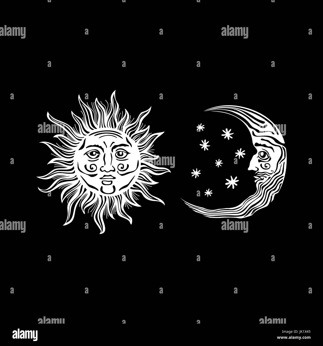 An Etched Style Cartoon Illustration Of A Sun Moon And Star With Human Faces Outlines Are Solid Black With A Transparent Background For Easy Re Col Stock Vector Image Art Alamy