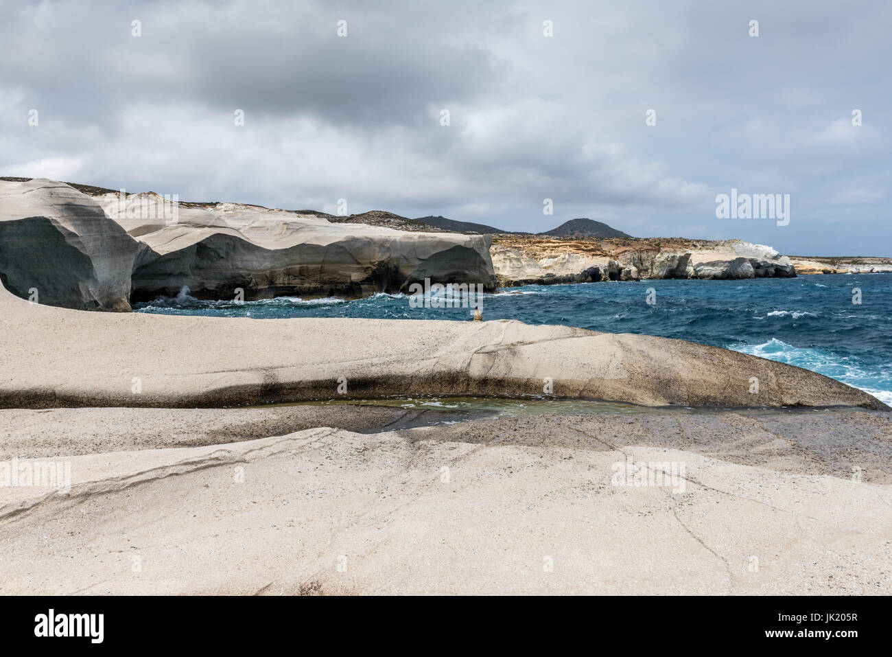 Beautiful volcanic beach with rocks in Sarakiniko on Milos island, Cyclades, Greece. Stock Photo