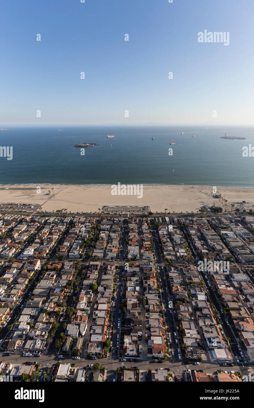 Aerial view of residential streets, buildings and coastline in the Belmont Shore neighborhood of Long Beach, California. Stock Photo