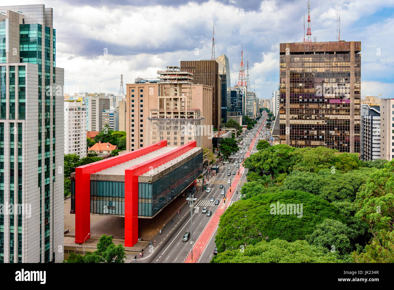 Paulista avenue, financial center of Sao Paulo and Brazil and the MASP seen from above with its commercial buildings and intense movement of people a Stock Photo