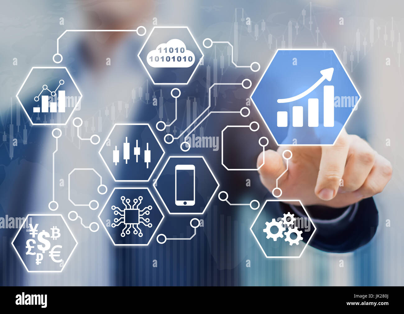 Fintech (financial technology) concept with businessman touching business intelligence (BI) analytics data icons connected with microchip electronic c Stock Photo