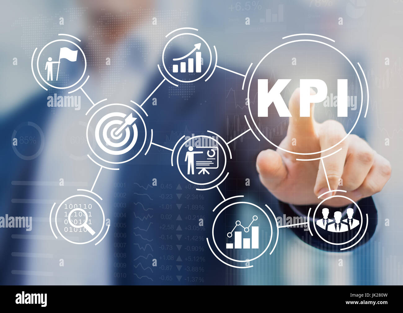 Key Performance Indicator (KPI) using Business Intelligence (BI) metrics to measure achievement versus planned target, person touching screen icon, su Stock Photo
