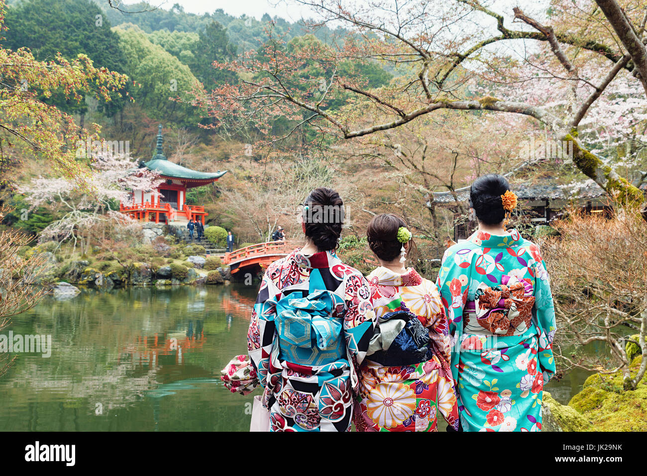 Young three girl wearing Japan kimono standing in front of Daigoji Temple in Kyoto, Japan. Stock Photo