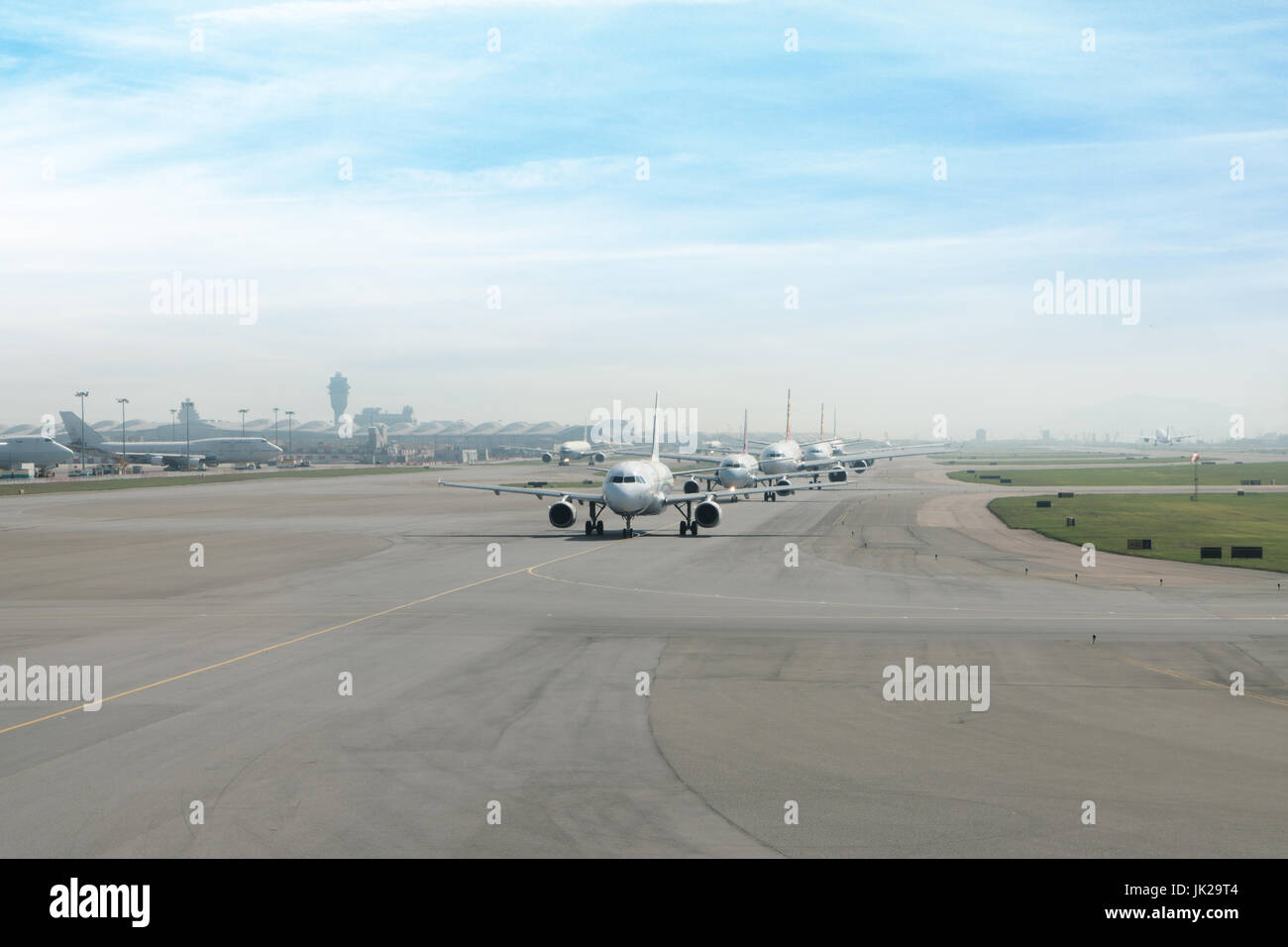 Many airplane prepare takes off from the runway in airport. Stock Photo