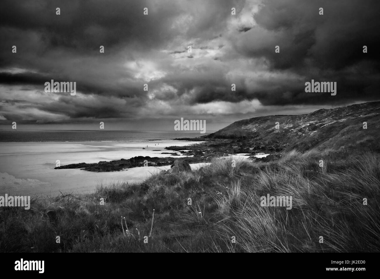 Dramatic black and white view of Fresh Water West beach, Pembrokeshire, Wales Stock Photo