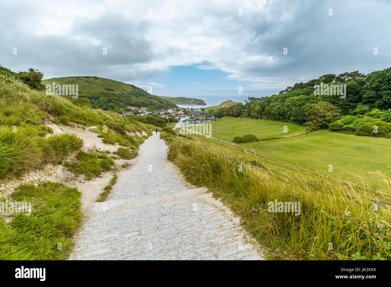A view of Lulworth Cove at West Lulworth in Dorset from the cliff top footpath to Durdle Door Stock Photo