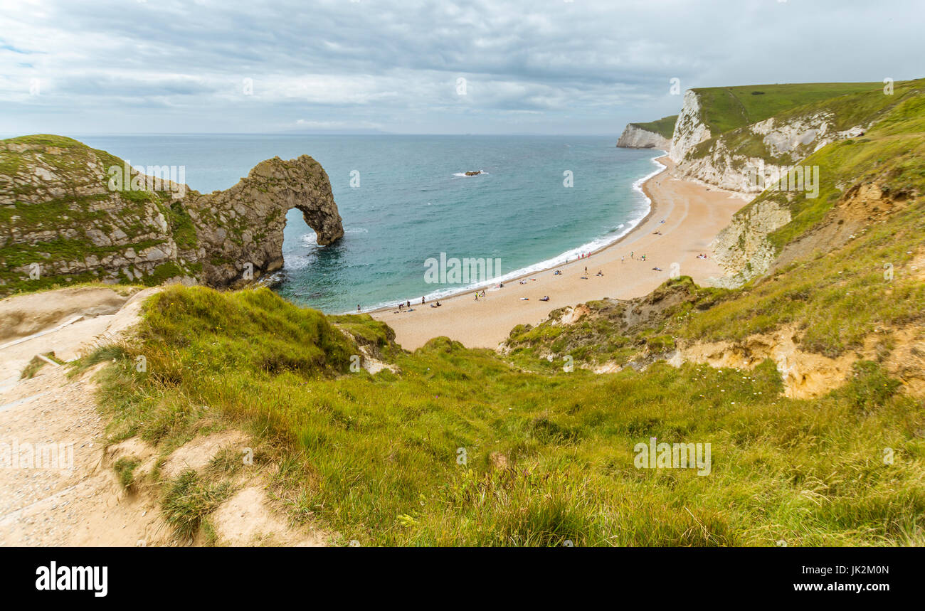 A view of Durdle Door at West Lulworth in Dorset from the cliff tops. Stock Photo
