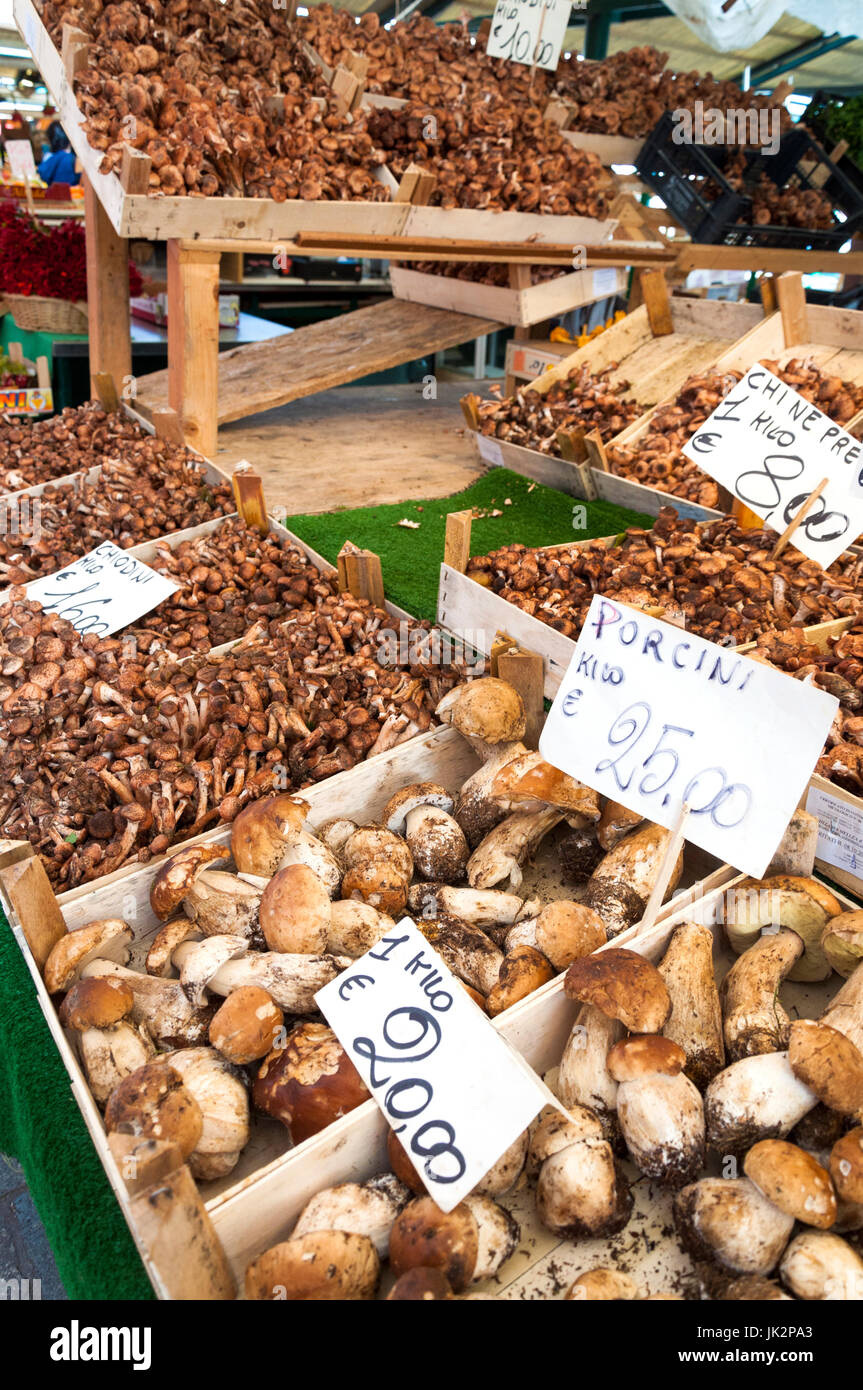 Varieties of wild mushrooms on sale at Rialto market in Venice Italy Stock Photo