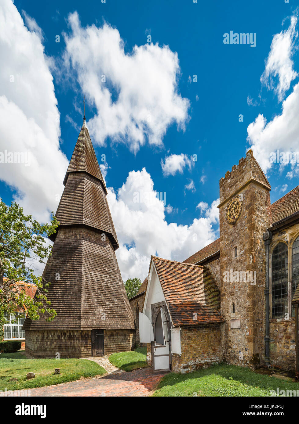 St Augustine's Church, Brookland featuring an unusual wooden separate bell tower. Stock Photo