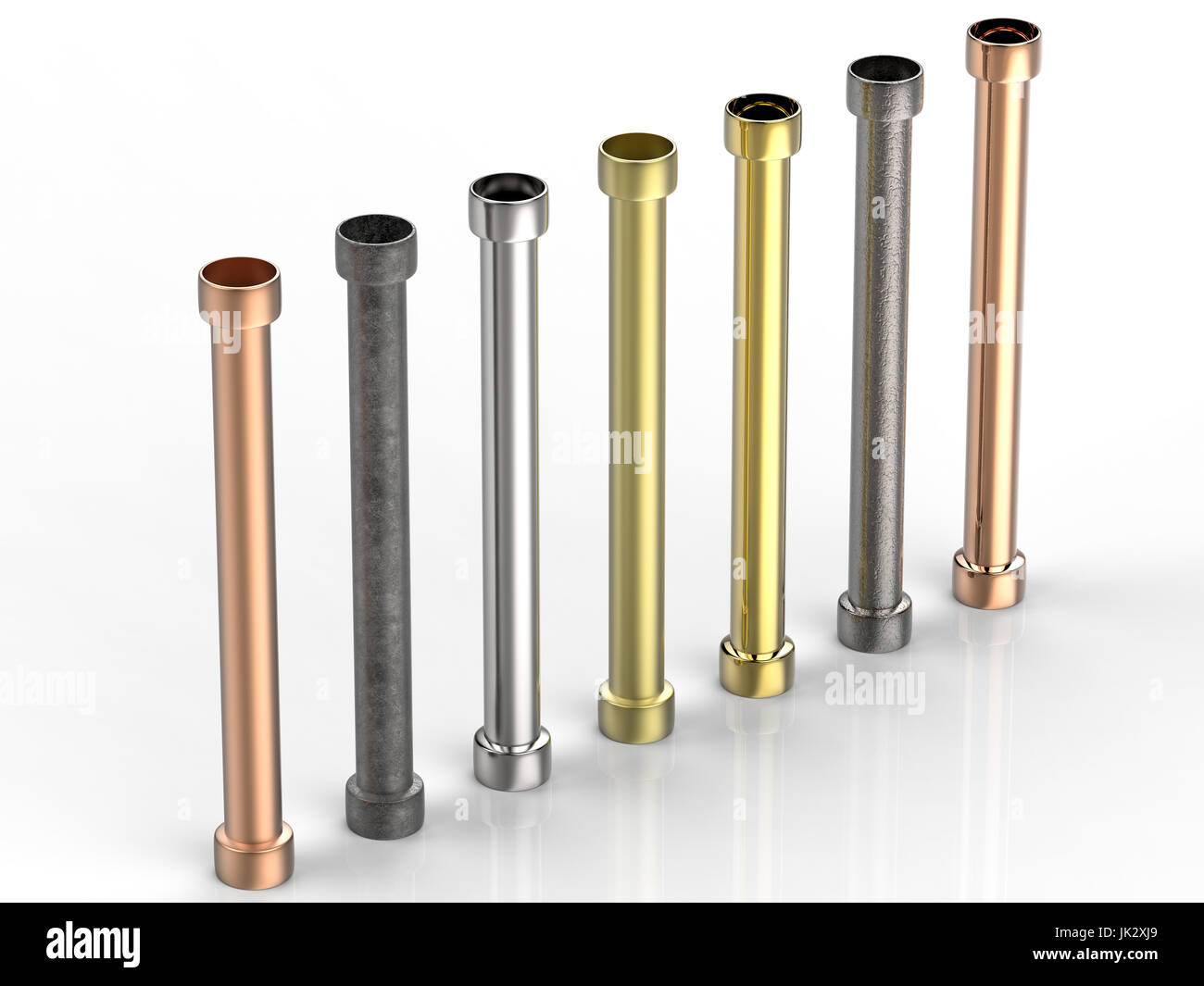 seven shades of metal pipes with joints on white background Stock Photo