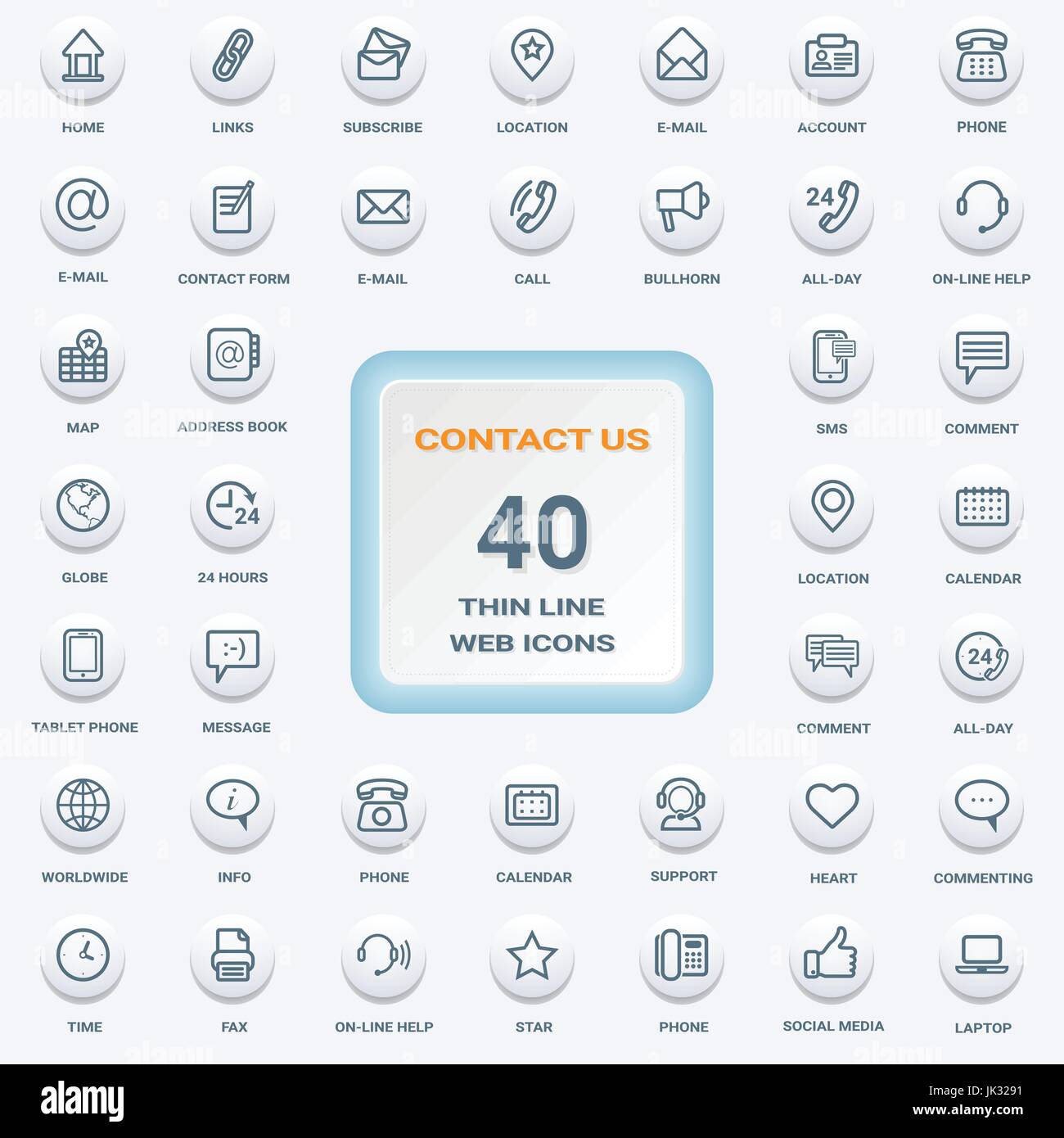 Contact Us - Set Of White Round Flat Thin Line Web Icons Isolated On A ...