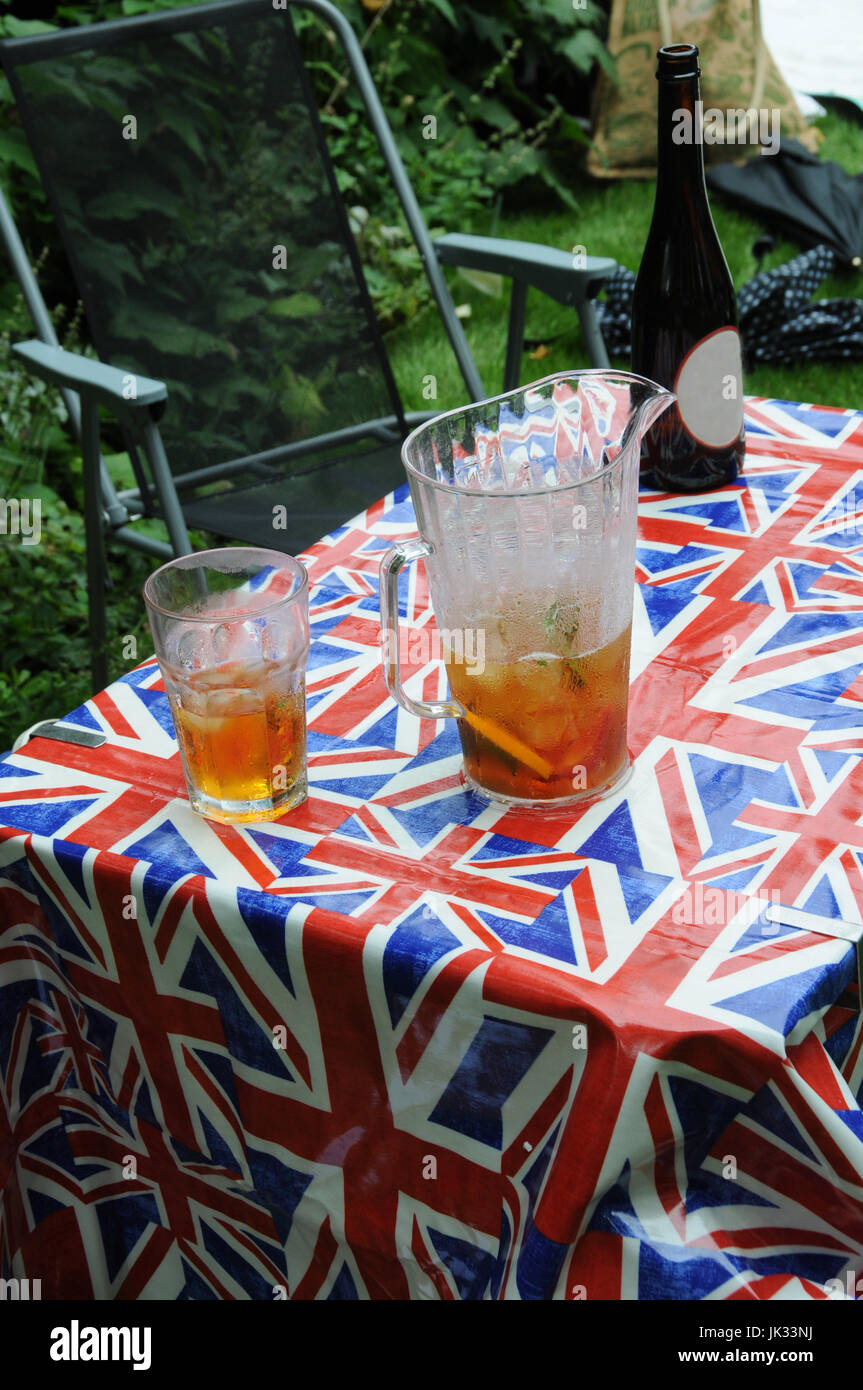 Union Jack table cloth and a jug of Pimms, at the 2017, Chap Olympiad