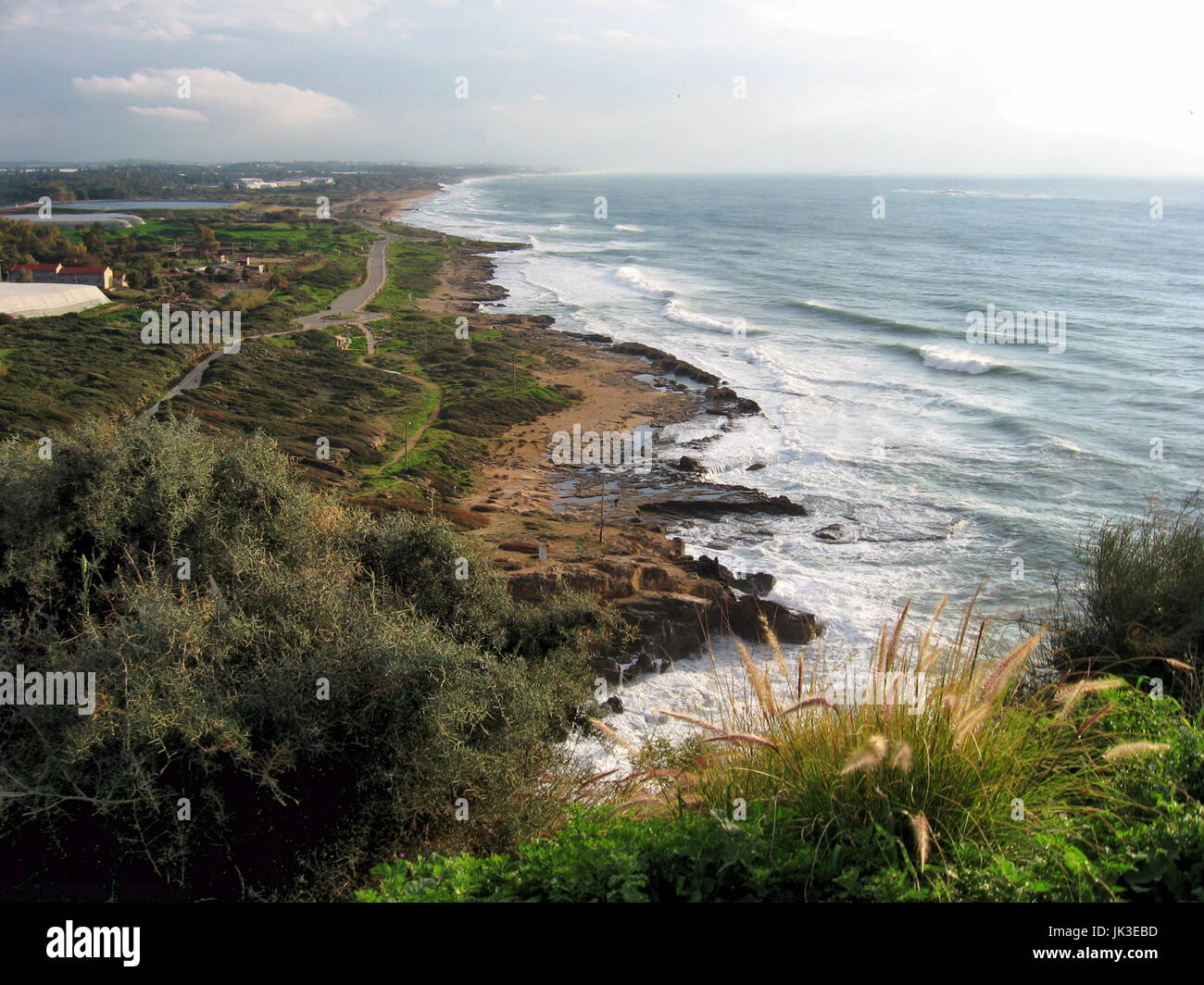 View overlooking the Mediterranean Sea and the Israeli coastline from Rosh HaNikra kibbutz. Stock Photo