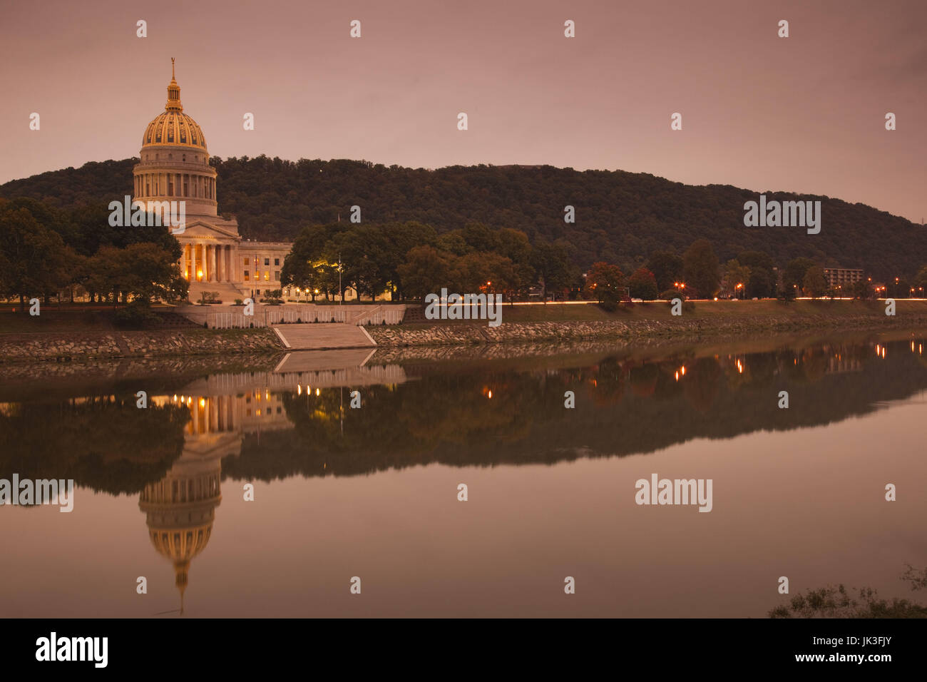 USA, West Virginia, Charleston, West Virginia State Capitol, reflection, dawn Stock Photo