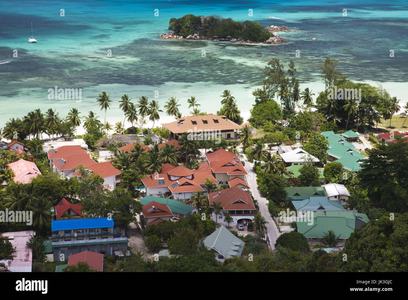 Seychelles, Praslin Island, Anse Volbert, aerial view of tourist village Stock Photo