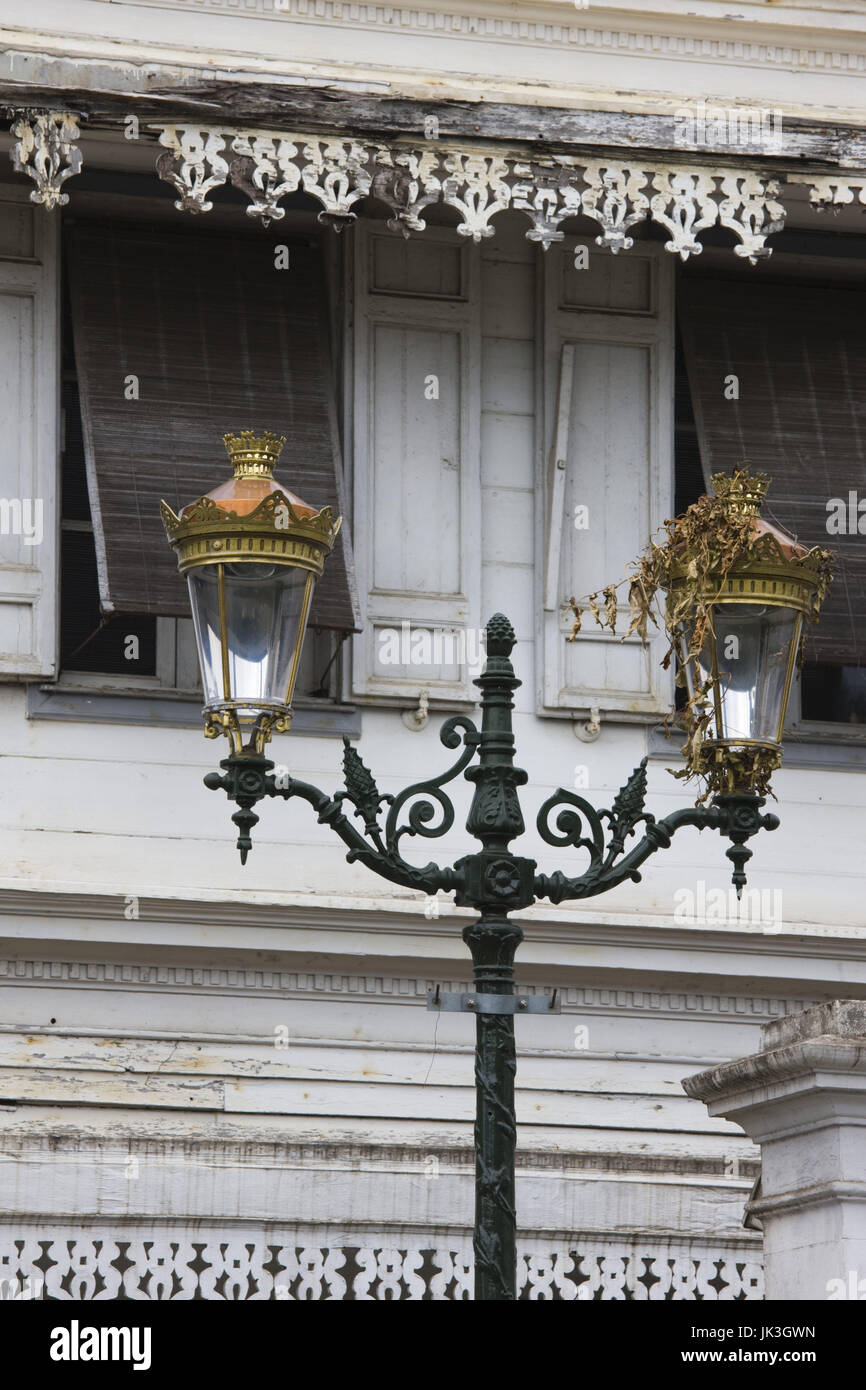 France, Reunion Island, St-Denis, streetlamps and old colonial buildings, Rue de Paris Stock Photo