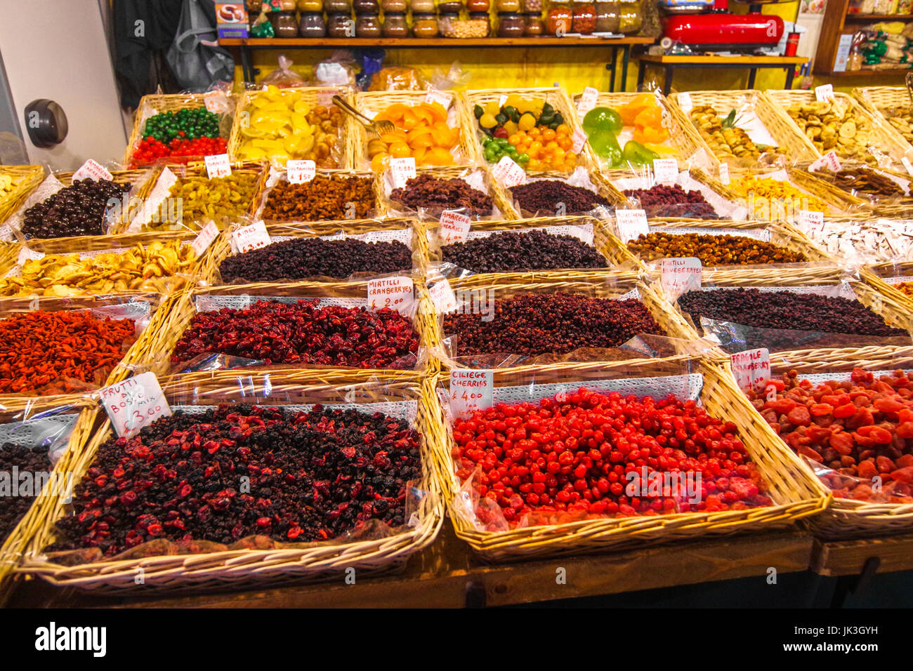 Dry fruits berries and nuts on display at the central Market in