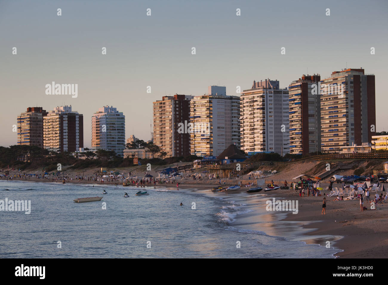 Uruguay, Punta del Este, condo towers by Playa Mansa beach, sunset