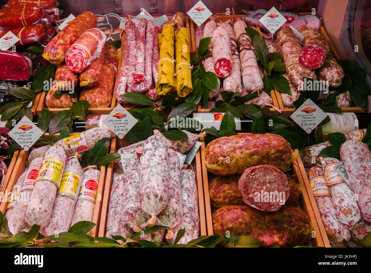 Salami specialties on display at the central food market in Florence