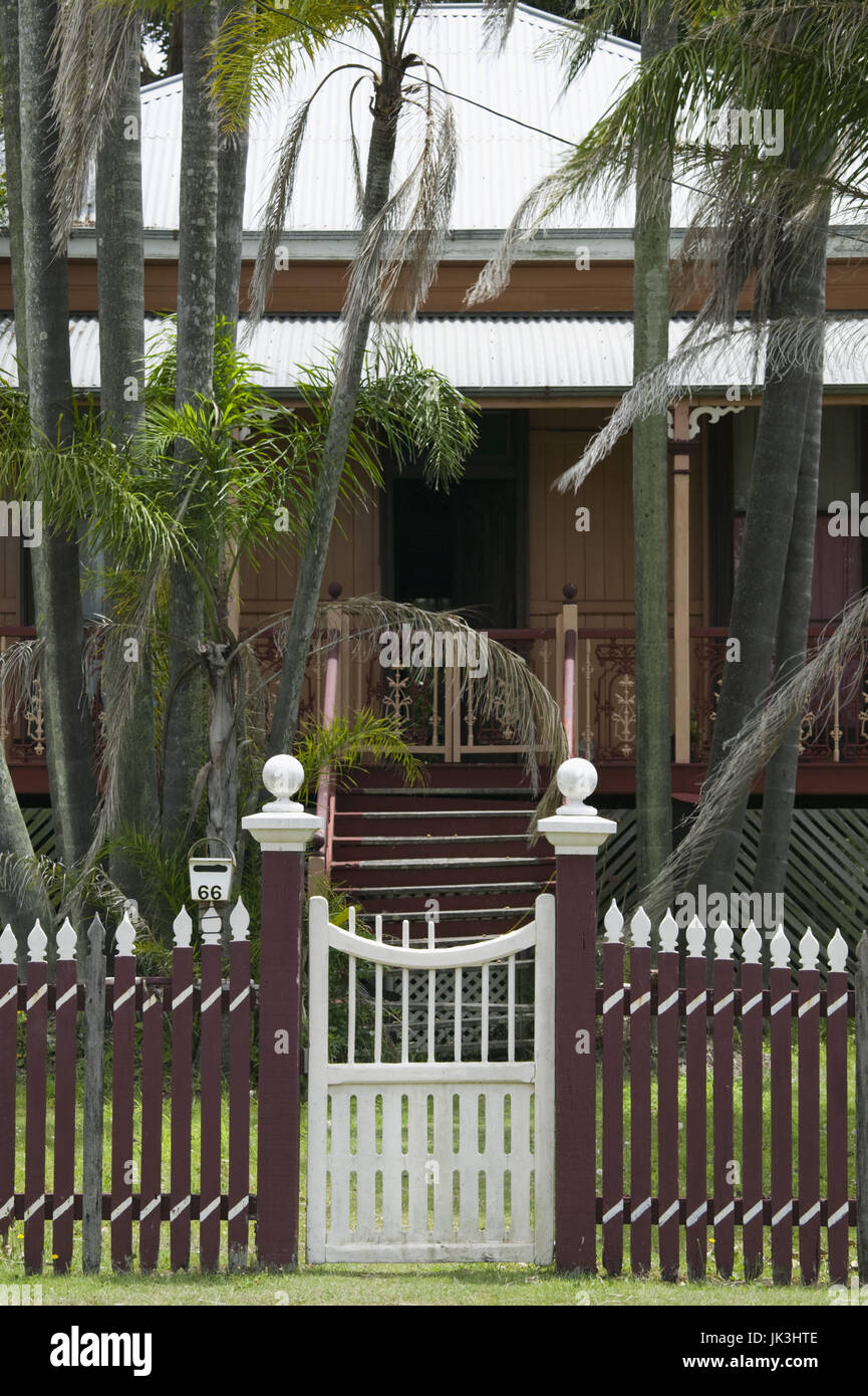 Australia, Queensland, Fraser Coast, Maryborough, Gate outside a 'Timber Queenslander' house, Stock Photo