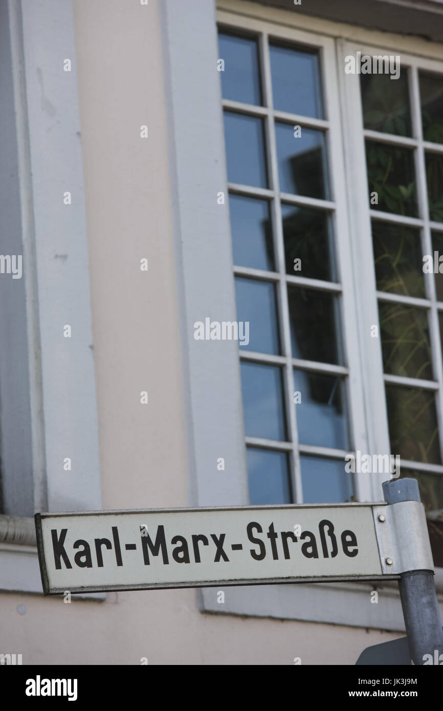 Germany, Rheinland-Pfalz, Mosel River Valley, Trier, sign for Karl Marx Street, near his birthplace, Stock Photo