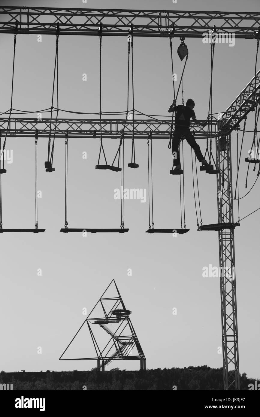 Germany, Nordrhein-Westfalen, Ruhr Basin, Bottrop, hanging obstacle course with Tetraeder, Stock Photo