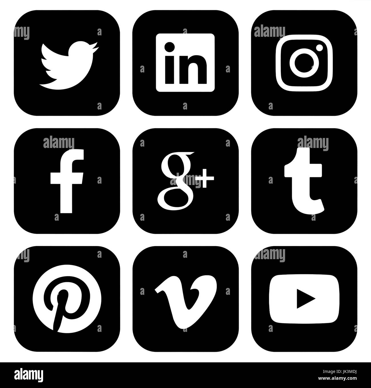 Kiev, Ukraine - March 14, 2017: Collection of popular social media black logos printed on paper: Facebook, Twitter, Google Plus, Instagram, Pinterest, Stock Photo