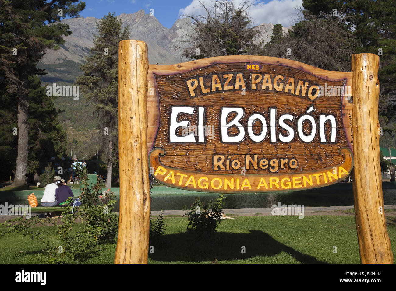 Argentina, Rio Negro Province, Lake District, El Bolson, sign for Plaza Pagano Stock Photo