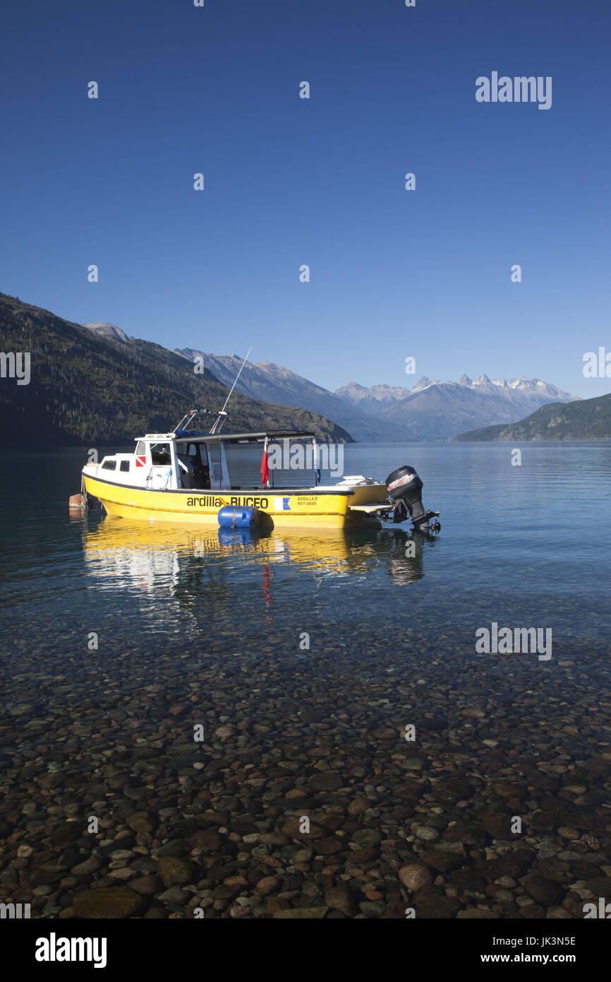 Argentina, Patagonia, Chubut Province, Parque Nacional Lago Puelo, boat on Lago Puelo lake Stock Photo