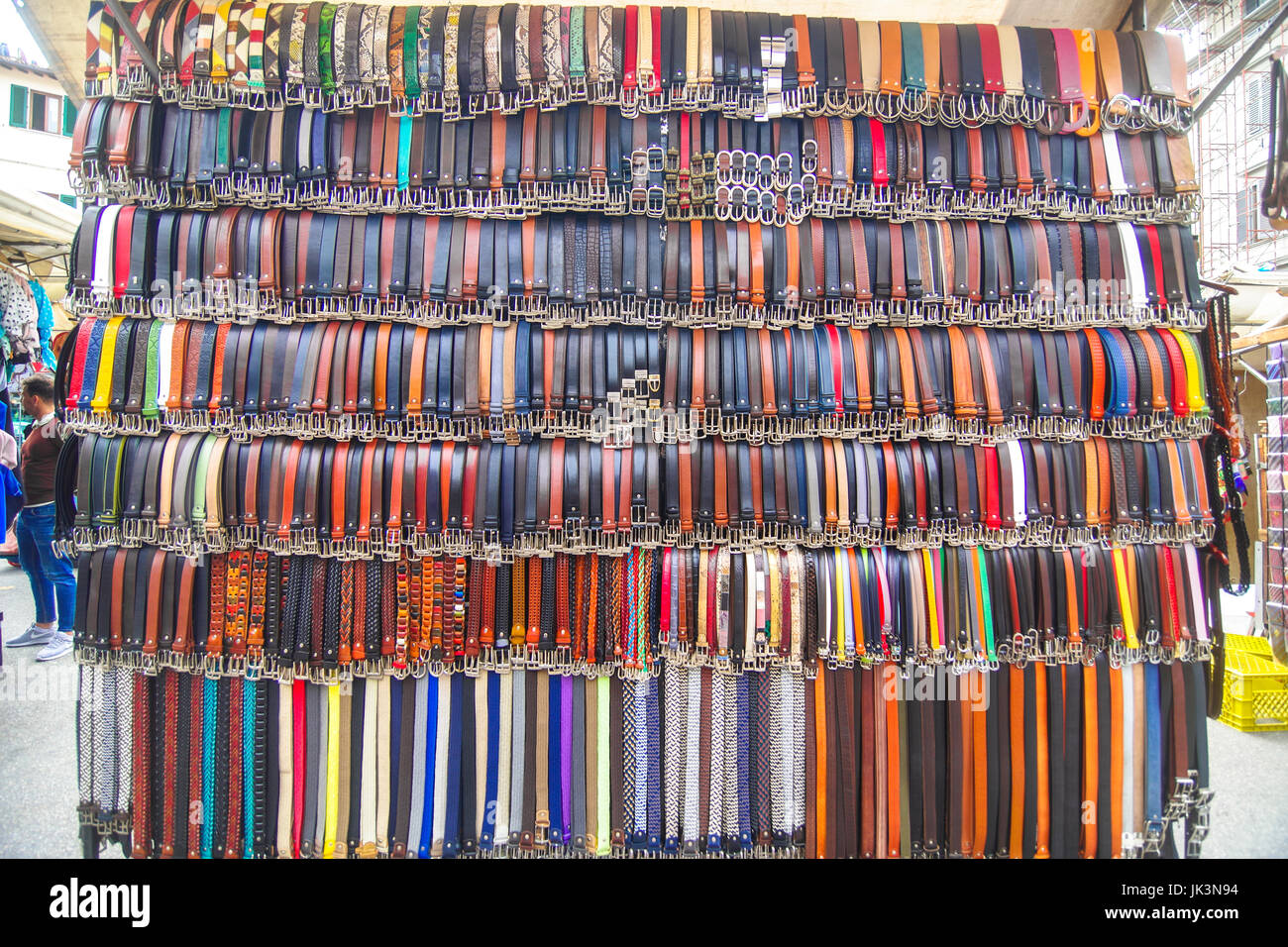 Huge amount of leather belts of display at the central market in