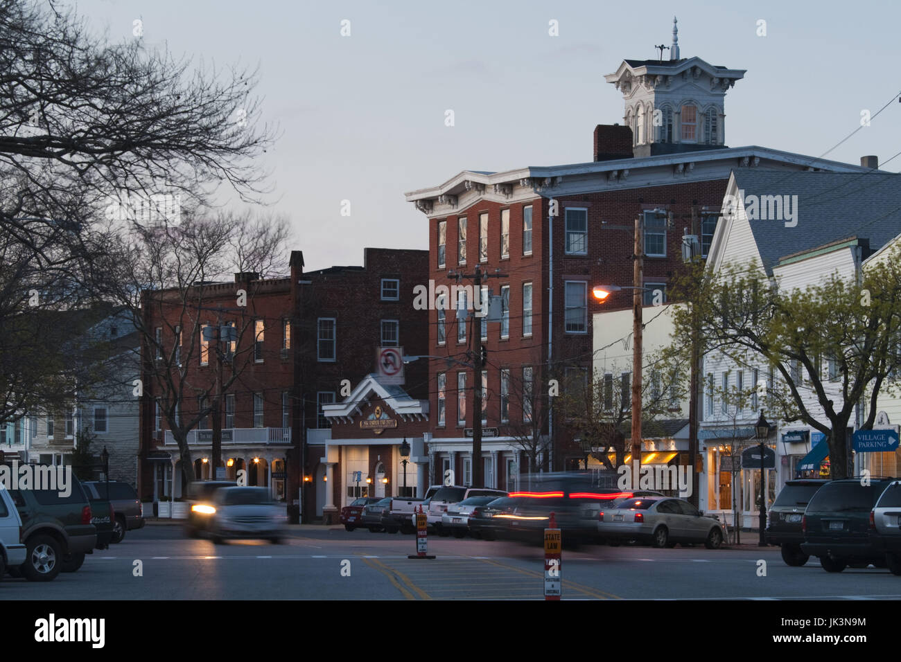 USA, New York, Long Island, Sag Harbor, Main Street, dusk Stock Photo
