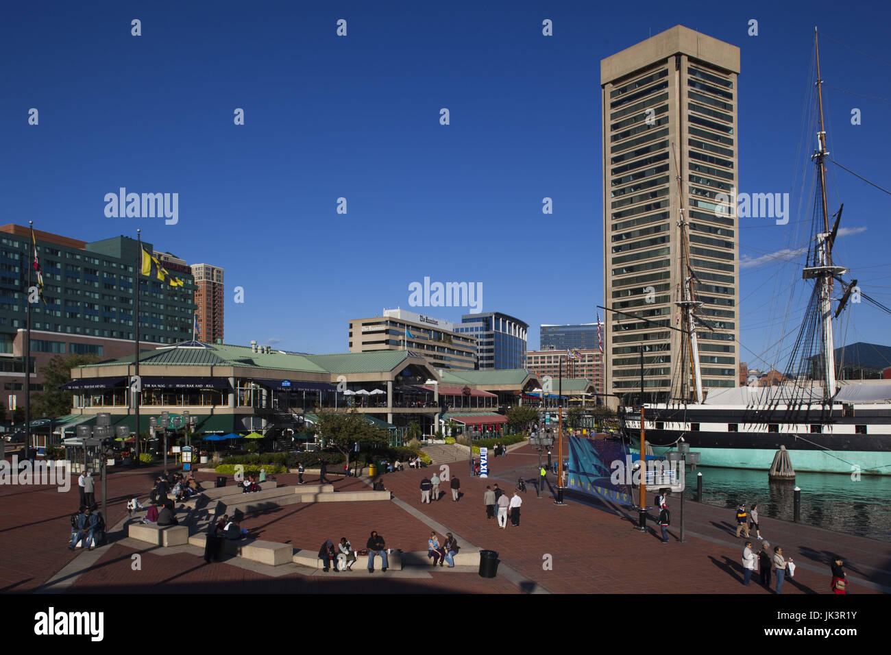 USA, Maryland, Baltimore, Inner Harbor, Harborplace Mall and USS