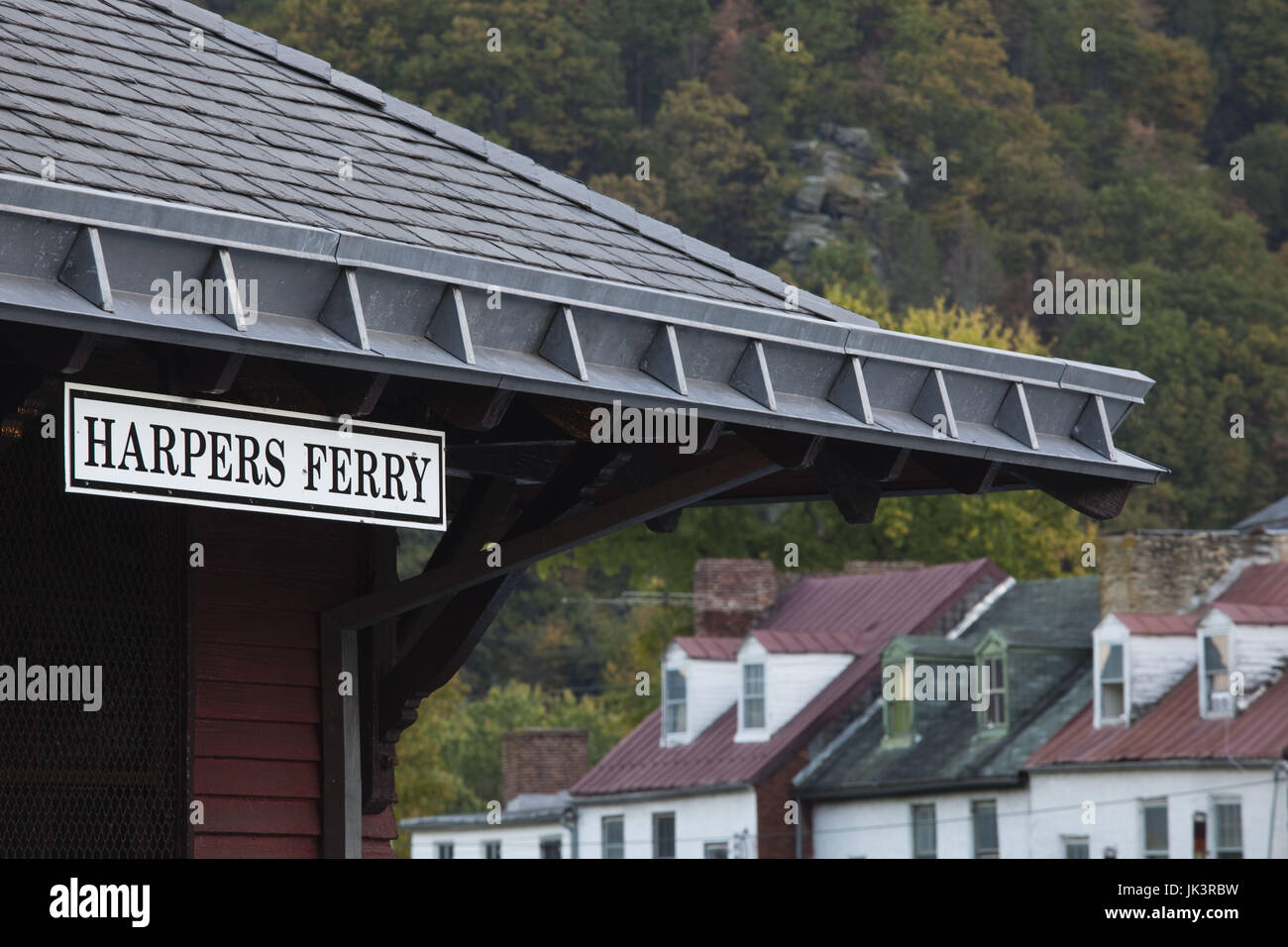USA, West Virginia, Harpers Ferry, Harpers Ferry National Historic Park, train station sign Stock Photo