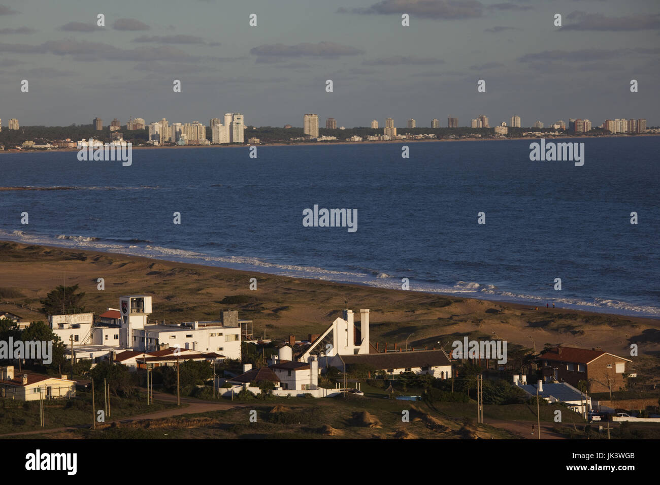 Uruguay, Punta del Este area, Punta Ballena, tourist complex by the Rio de la Plata and Punta skyline, sunset Stock Photo