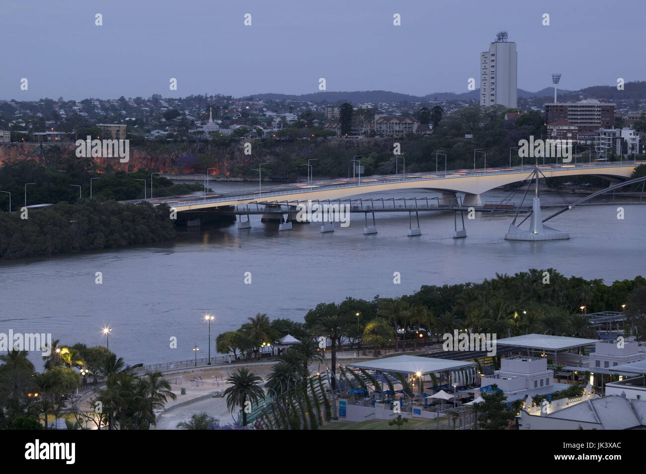 Australia, Queensland, Brisbane, Dusk View of Captain Cook and Goodwill Bridges with the Brisbane River from Southbank, Stock Photo
