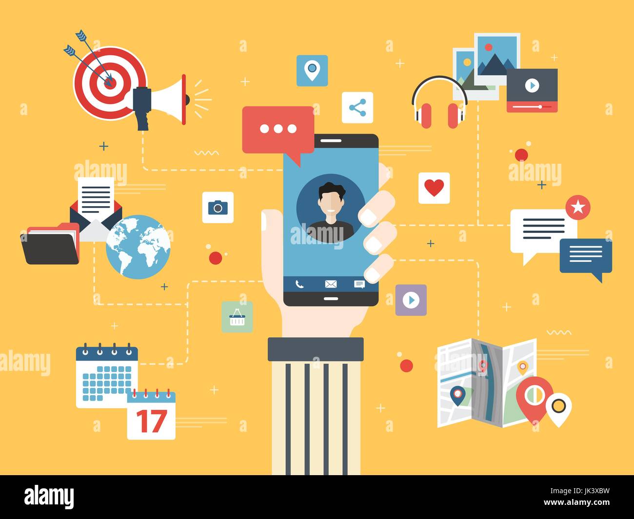 Hand holding smart phone with apps of communication, location, messages, social media, calendar