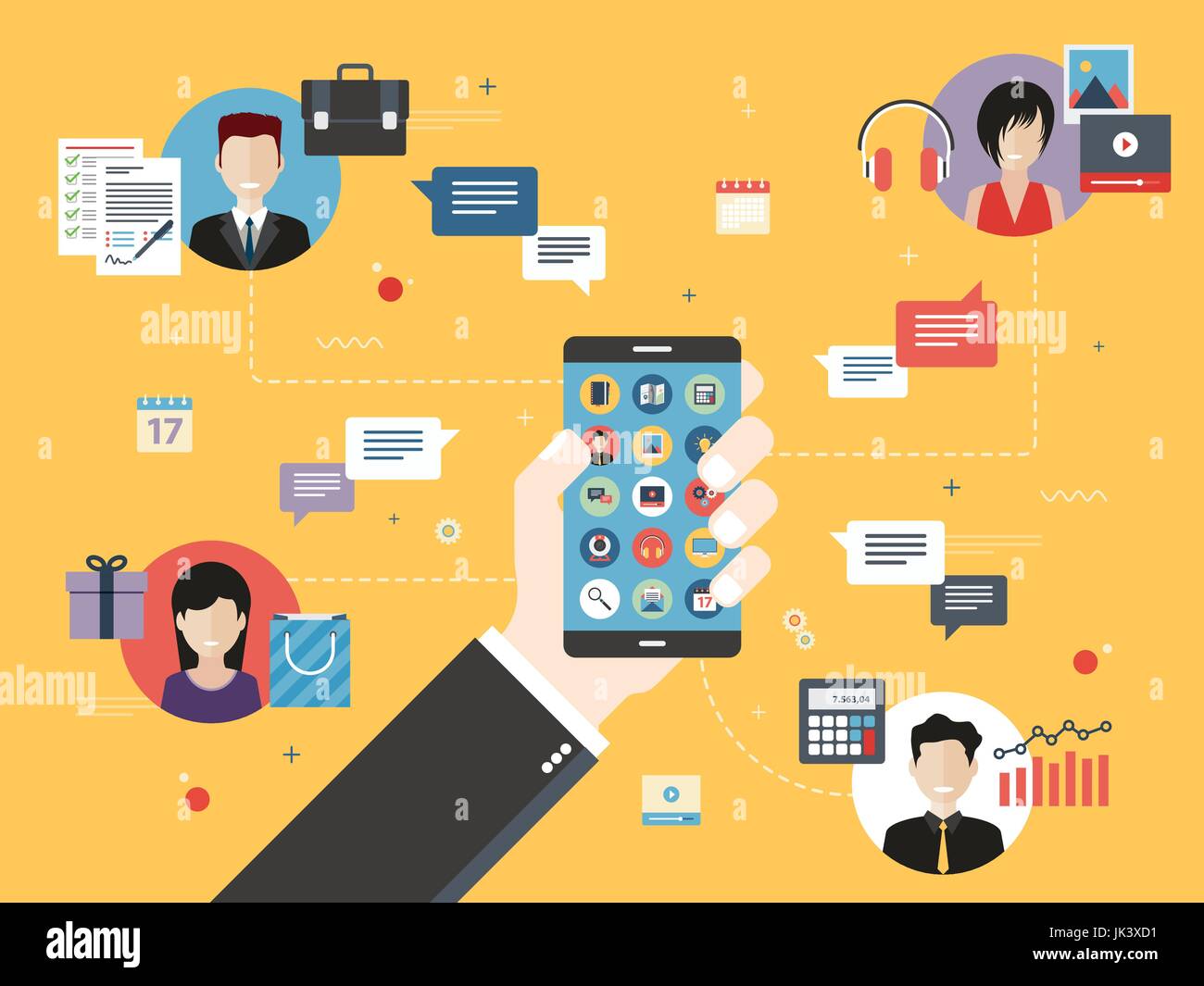 Hand holding smart phone with screen apps, represented by business management, investment, internet shopping and social media with people in communica Stock Vector