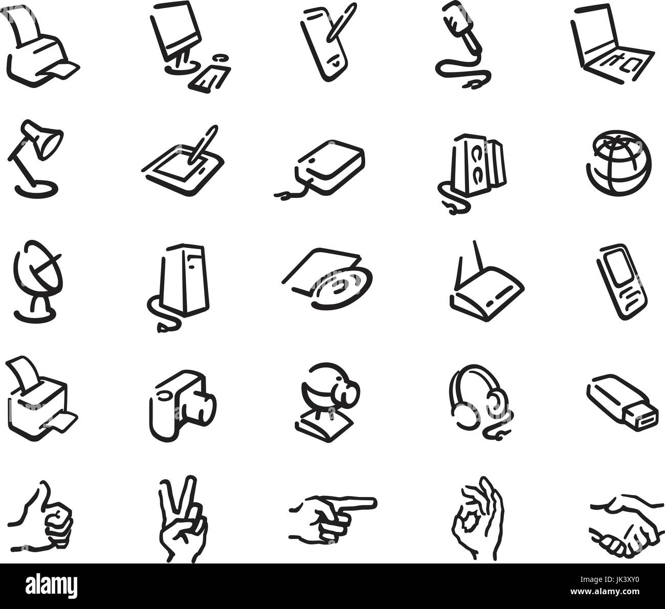 set of outline monochrome icons on theme office equipment Stock Vector