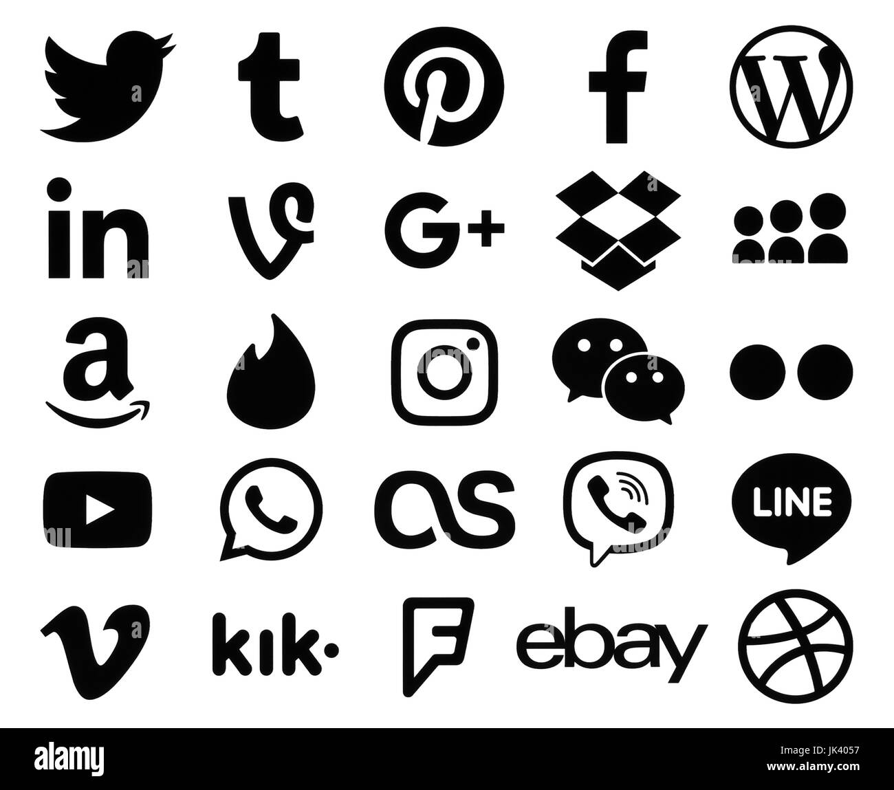 Kiev, Ukraine - April 27, 2017: Collection of popular black logo signs of social media icons, printed on paper: Facebook, Twitter, Google Plus, Instag Stock Photo