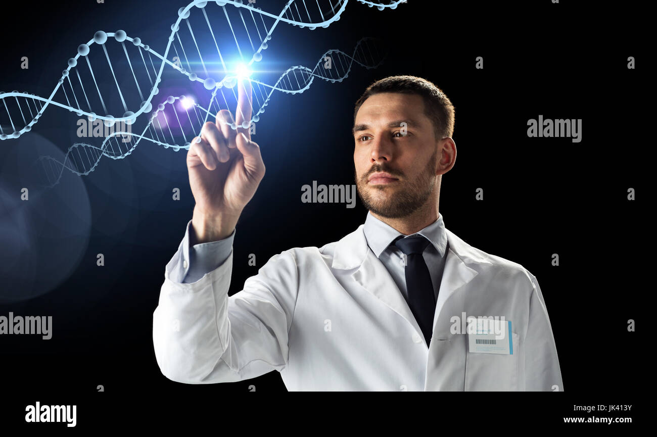 doctor or scientist in white coat with dna Stock Photo - Alamy